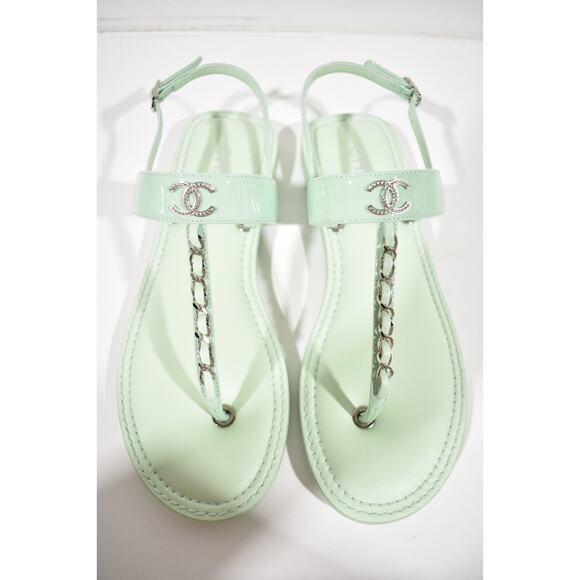 Chanel 22C Green Patent Silver Chain CC Logo Mule Slide Flat Thong Sandal 37 - Picture 8 of 12